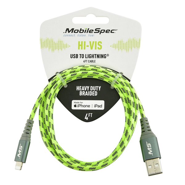 Mobilespec Hi Vis 4Ft Lightning To Usb-A Cable, Yellow MBSHV0422